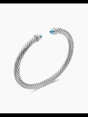 David Yurman Silver Twisted Cable Open Cuff with Blue Gem Ends